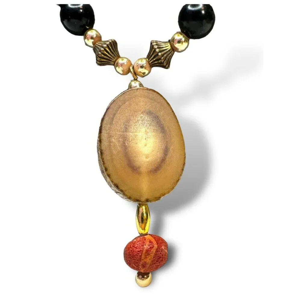 Vintage Jaydee Original Sponge Coral Black Jade Buffalo Horn Necklace 24
